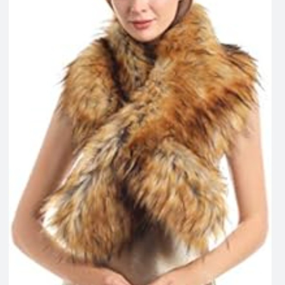 GOLDIE Luxe Faux Fox Fur Scarf Wrap Shawl Collar Camel Tan‎ Black OS
